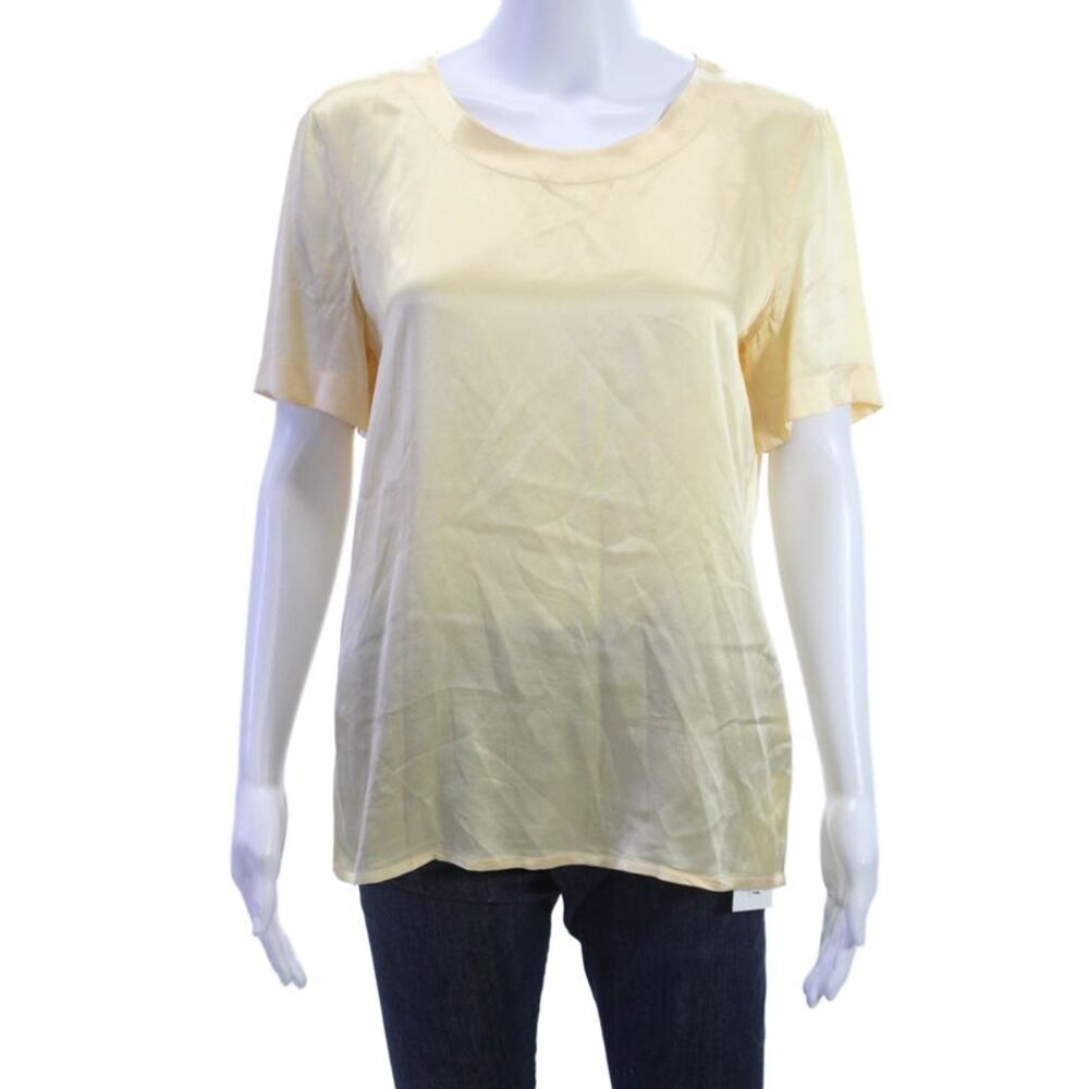 Escada Margaretha Ley Women Silk Blouse Yellow Round Neck Short Sleeve Size 36